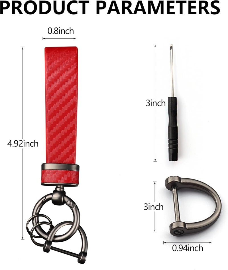 Turcee Carbon Fiber Keychain, Interior Accessories Leather Key Fob, Car Accessories Key Ring & Anti-Lost D-Ring (Red) - Image 2